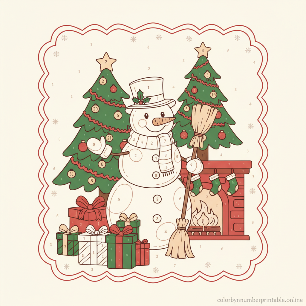 Christmas color by number printable featuring snowman and decorated Christmas tree, cheerful red-green hues, and simple number coding for family fun